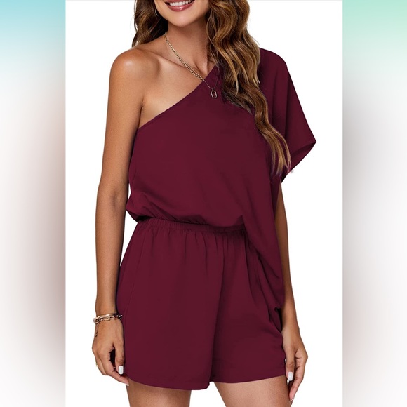 Womens one shoulder cutout batwing sleeve short romper jumpsuit size Large - Picture 6 of 13